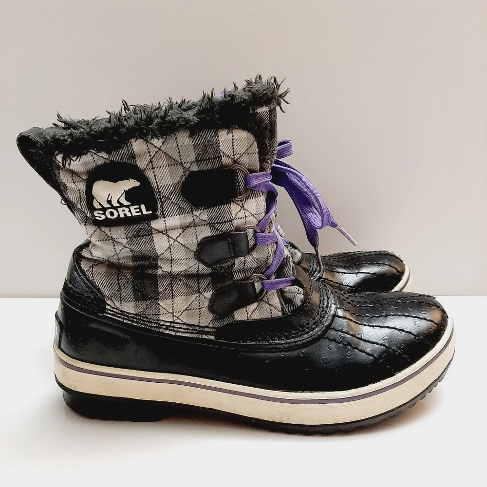 SOREL Tivoli II Plaid Short Lace-Up Snow Winter Boots Waterproof B&W Sz 8 Flawed - Picture 2 of 14